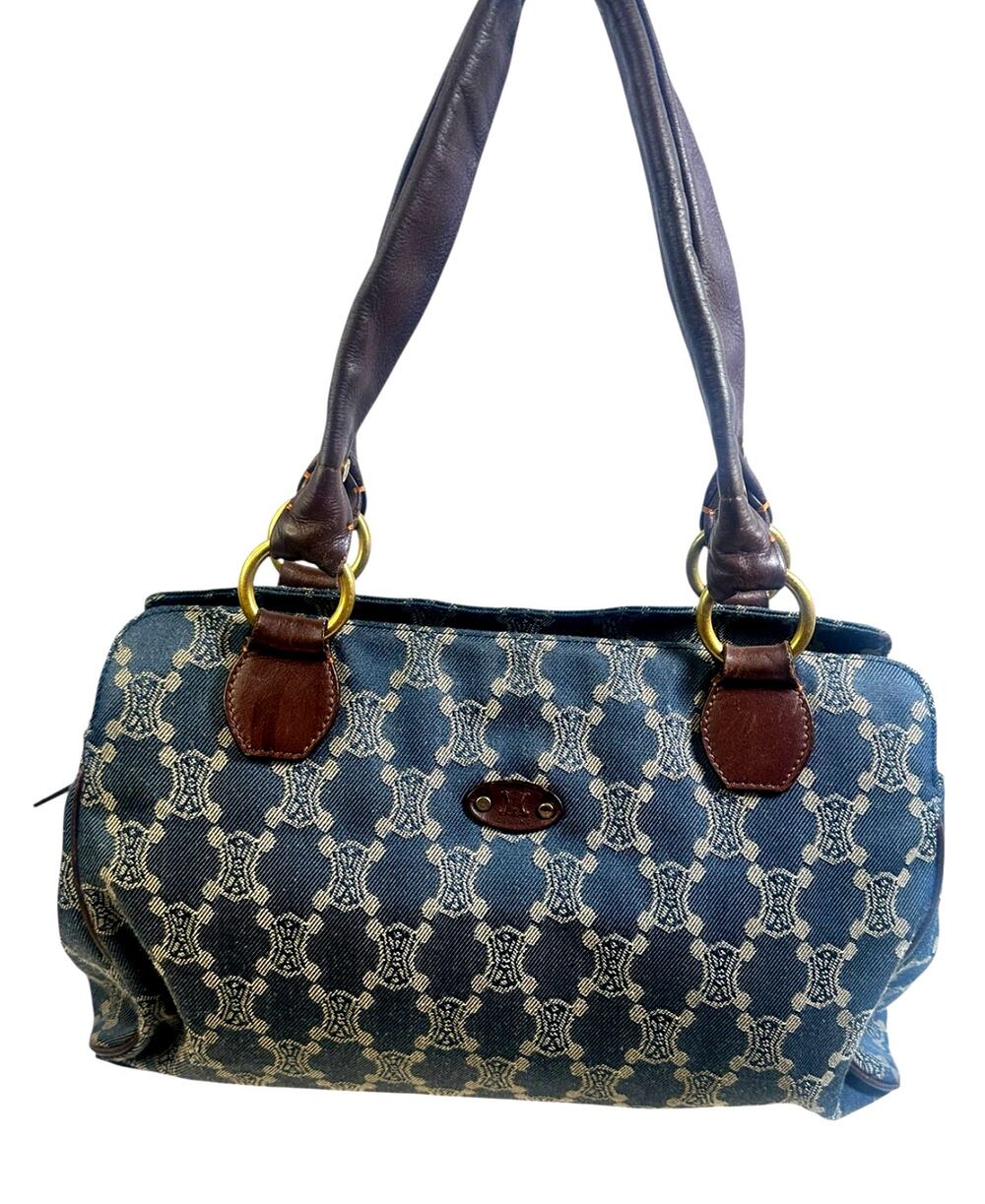 Vintage Celine Denim Macadam Shoulder Bag Blue Canvas Brown Leather COA